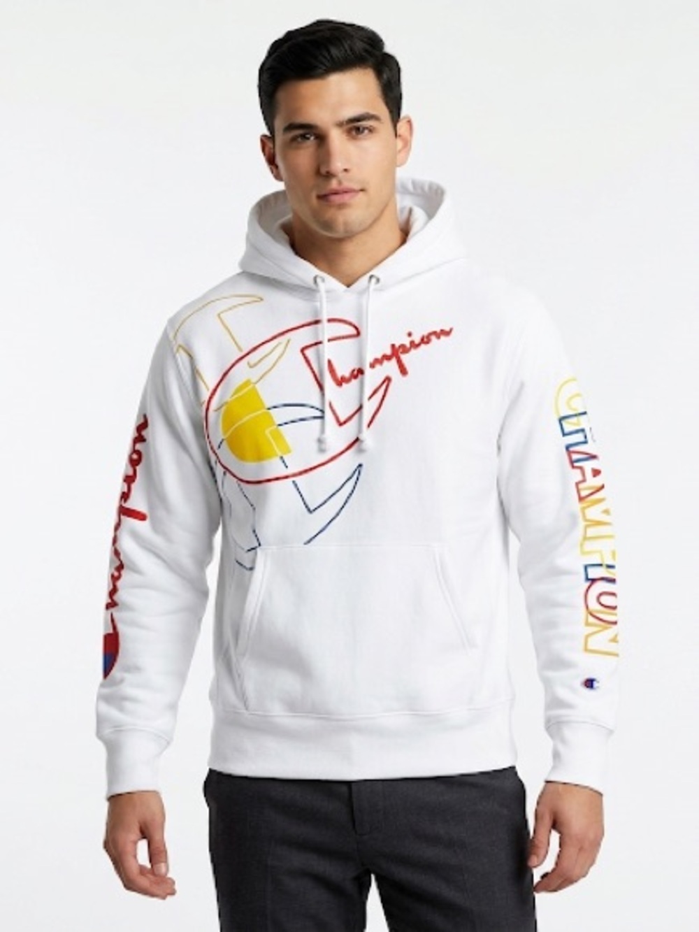 Champion Mens Reverse Weave Hoodie Big Logo White Size L